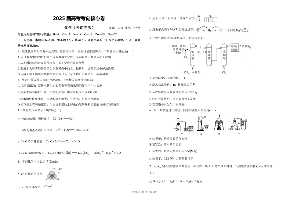 2025届高考化学考向核心卷 云南专版1（PDF版）.pdf_第1页
