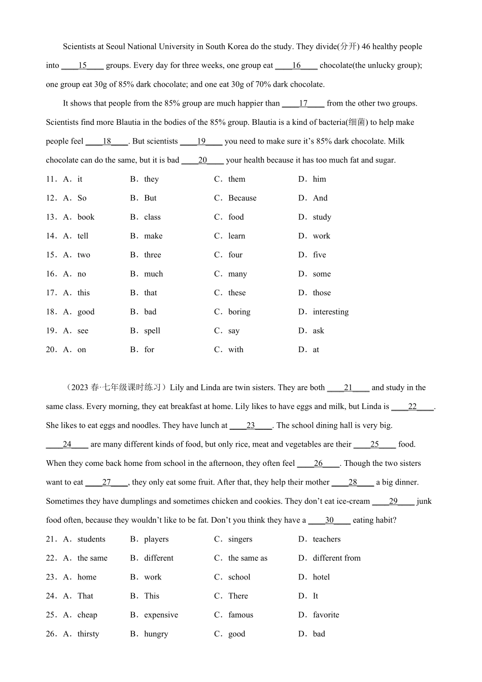 Unit10单元话题完形填空练习七年级英语下册单元重难点易错题精练人教版含答案.pdf_第2页
