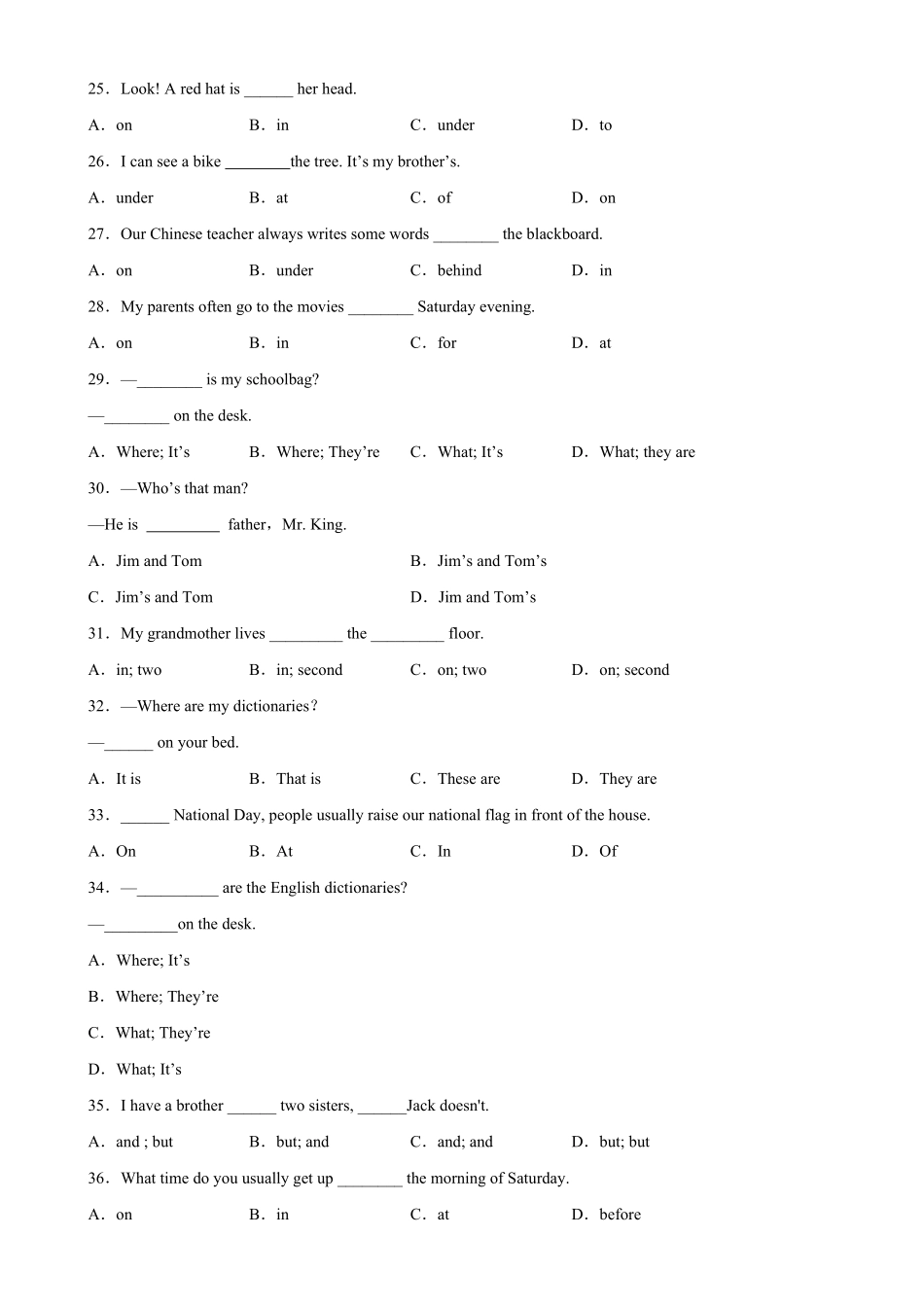 Unit4重点语法grammar介词on，in，under和where引导的特殊疑问句七年级英语上册单元重难点易错题精练人教版含答案.pdf_第3页