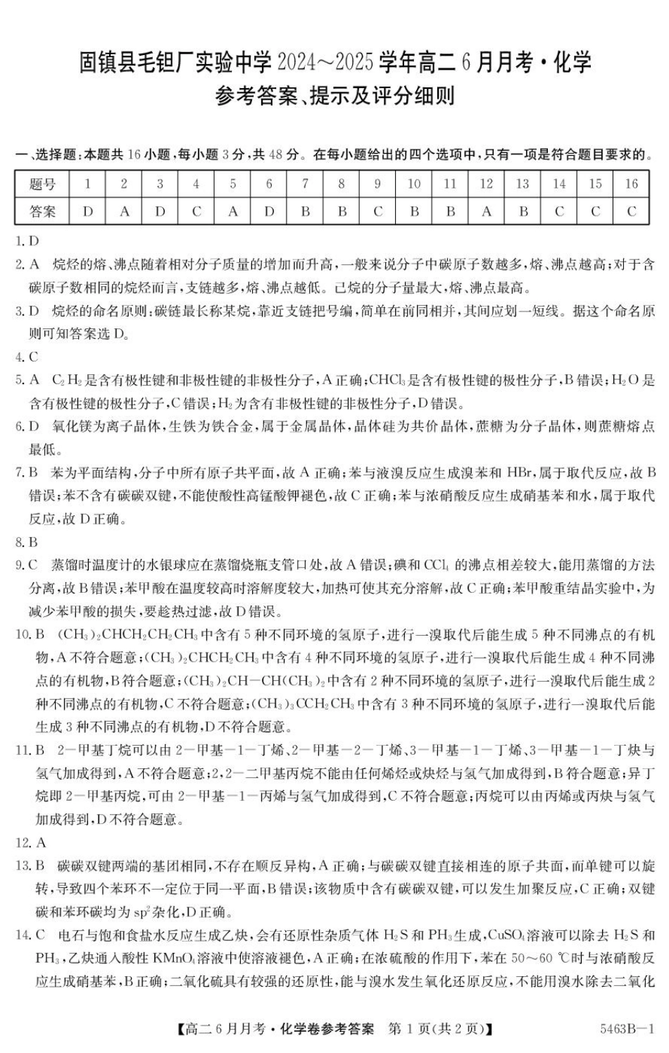 安徽省蚌埠市固镇县固镇县毛钽厂实验中学2024-2025学年高二下学期6月月考化学试卷参考答案.pdf_第1页