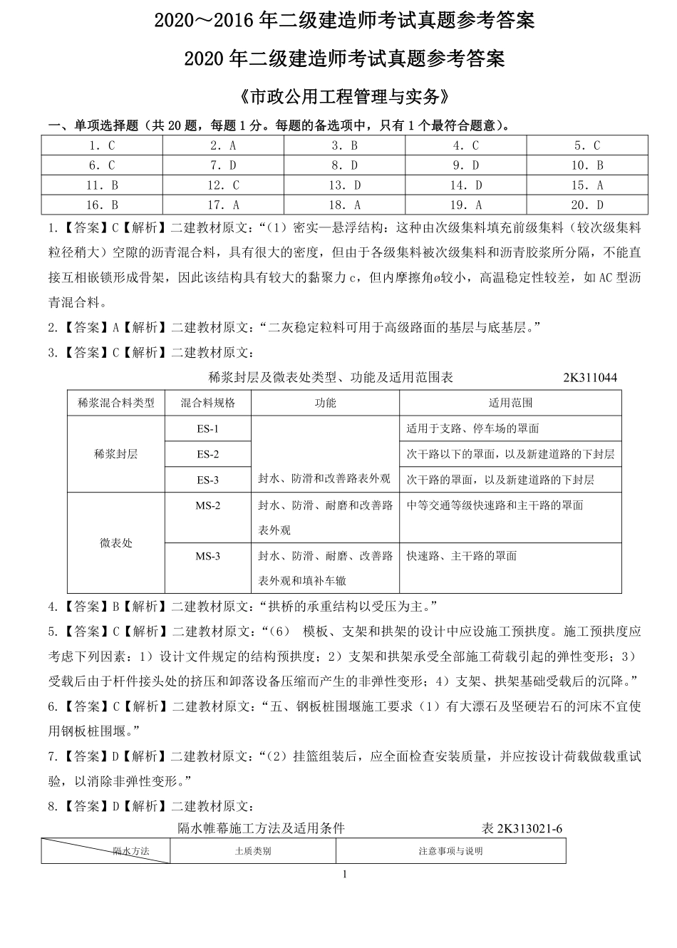 2020～2016二建《市政》真题参考答案.pdf_第1页