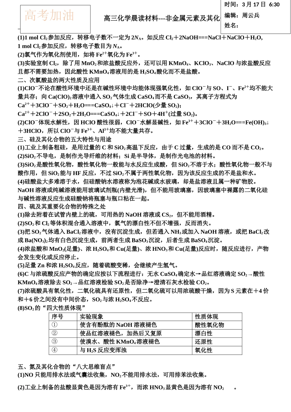 高三化学晨读材料与练习---非金属元素及其化合物考点.docx_第1页