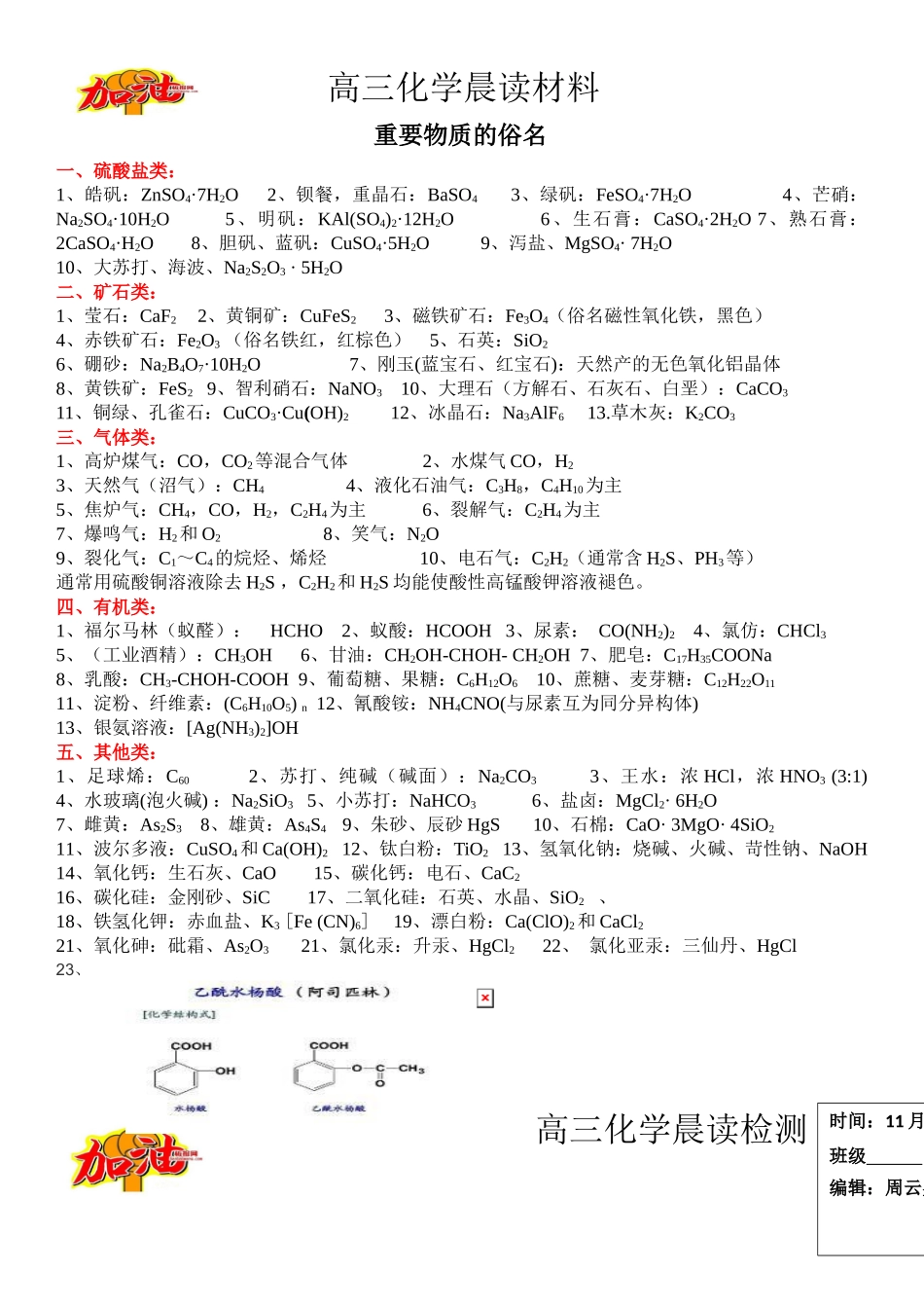 高三化学晨读材料与练习---重要物质的俗名.docx_第1页