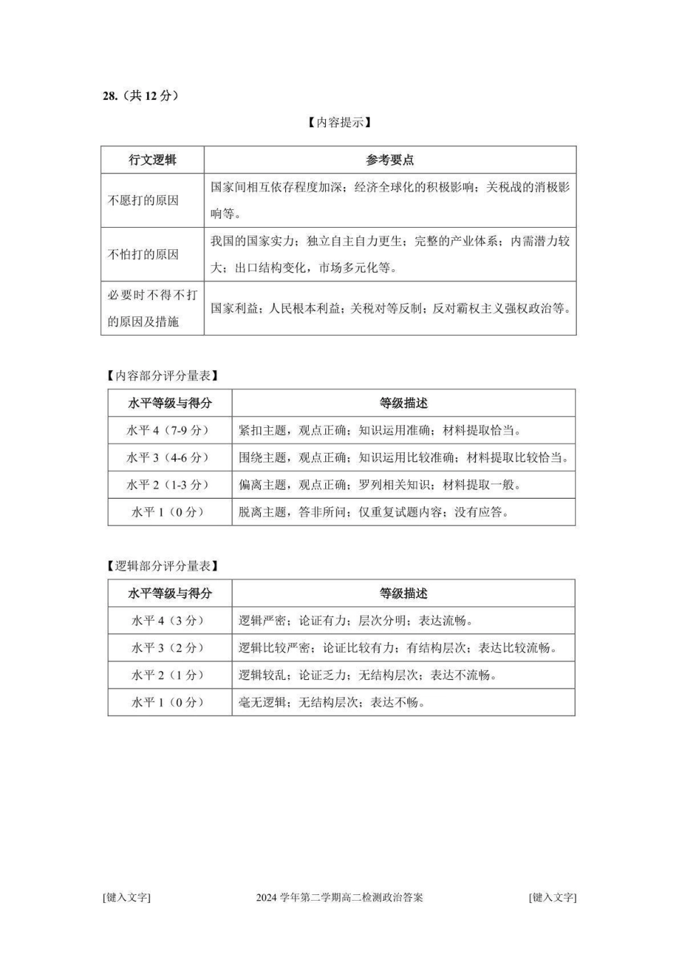 杭州市2024-2025学年高二下学期6月期末考试-政治答案.pdf_第3页