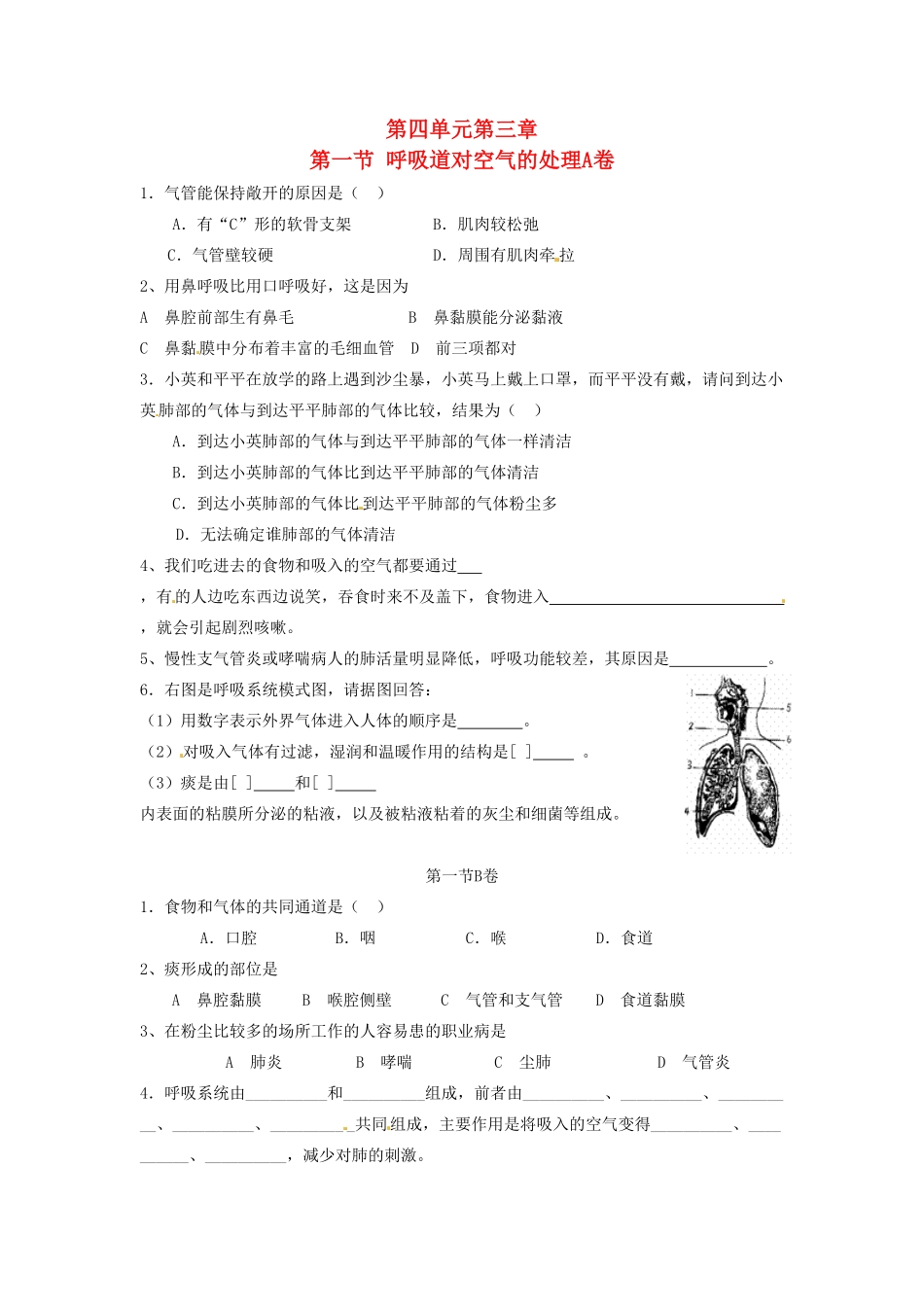第1节《呼吸道对空气的处理》同步检测试卷含答案.pdf_第1页