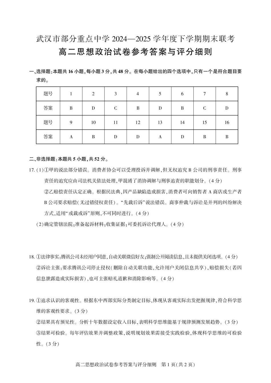 湖北省武汉市部分重点中学2024-2025学年高二下学期6月期末联考政治答案.pdf_第1页