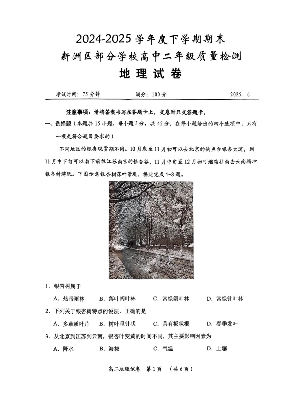 湖北省武汉市新洲区问津联盟2024-2025学年高二下学期6月期末地理试题.pdf_第1页