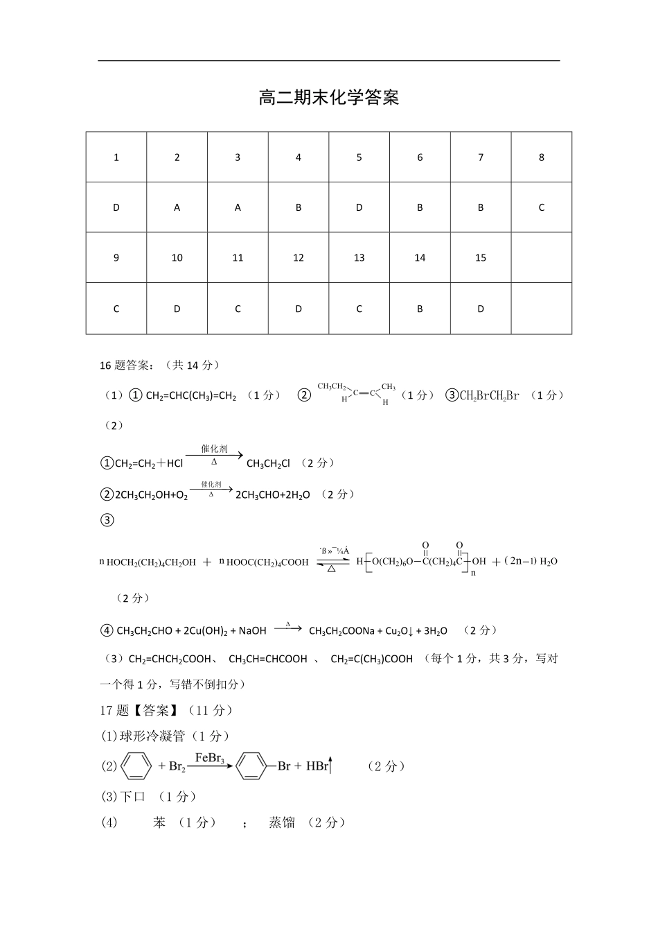 湖北省武汉市新洲区问津联盟2024-2025学年高二下学期6月期末化学答案.pdf_第1页