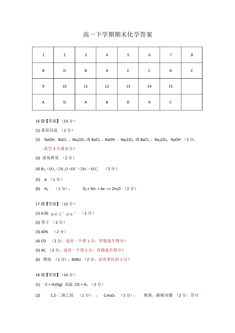 湖北省武汉市新洲区问津联盟2024-2025学年高一下学期6月期末化学2025年高一化学答案.pdf_第1页