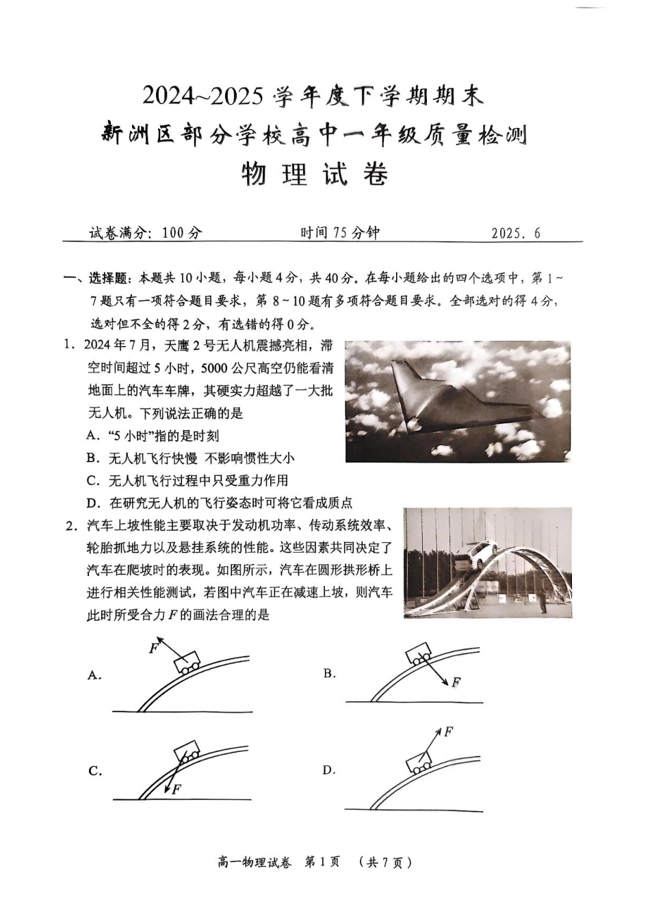 湖北省武汉市新洲区问津联盟2024-2025学年高一下学期6月期末物理试题.pdf_第1页