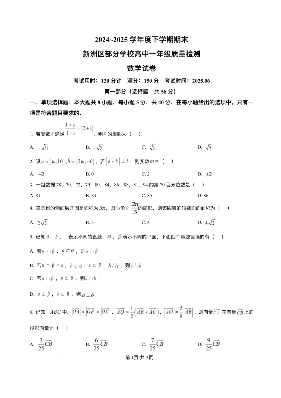 湖北省武汉市新洲区问津联盟2024-2025学年高一下学期6月期末质量检测数学试题.pdf_第1页