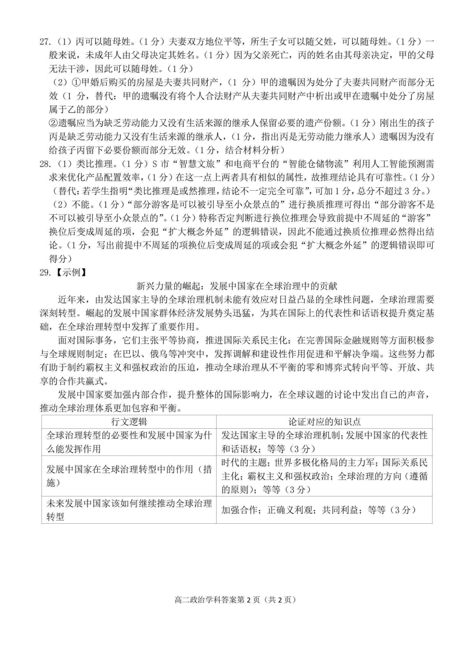 温州市环大罗山联盟2024-2025高二下期末-政治答案.pdf_第2页