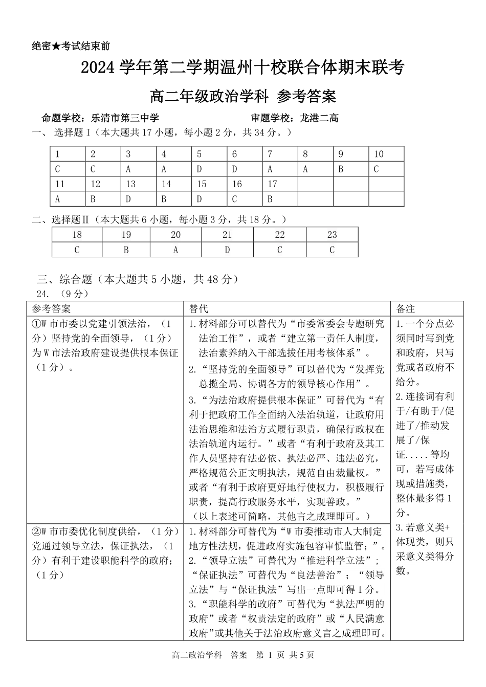 浙江省2024学年第二学期温州十校联合体高二期末联考政治答案｜2506温州十校期末联考.pdf_第1页