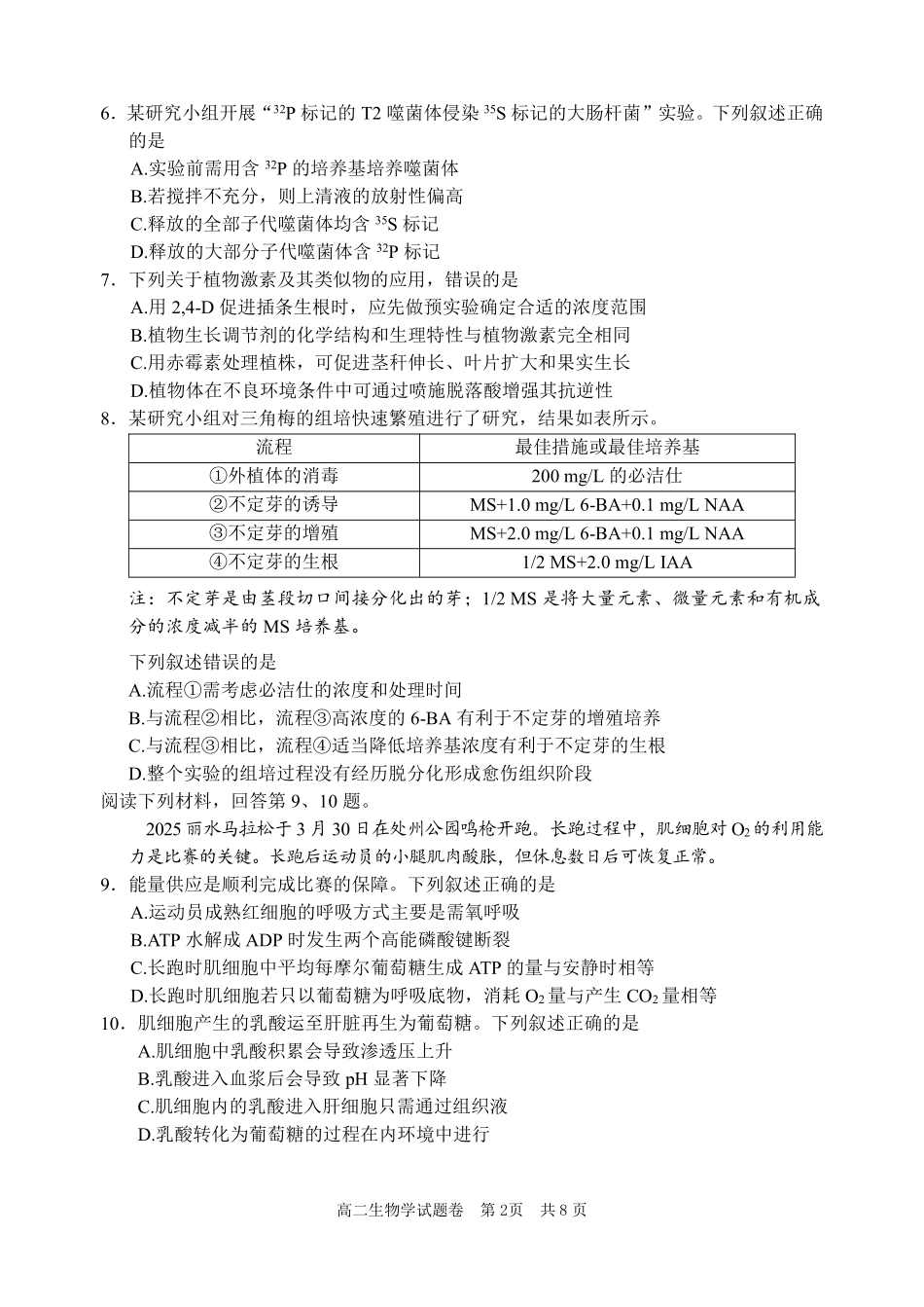浙江省丽水市2024-2025学年高二下学期期末教学质量监控生物试题｜2506丽水高二期末.pdf_第2页