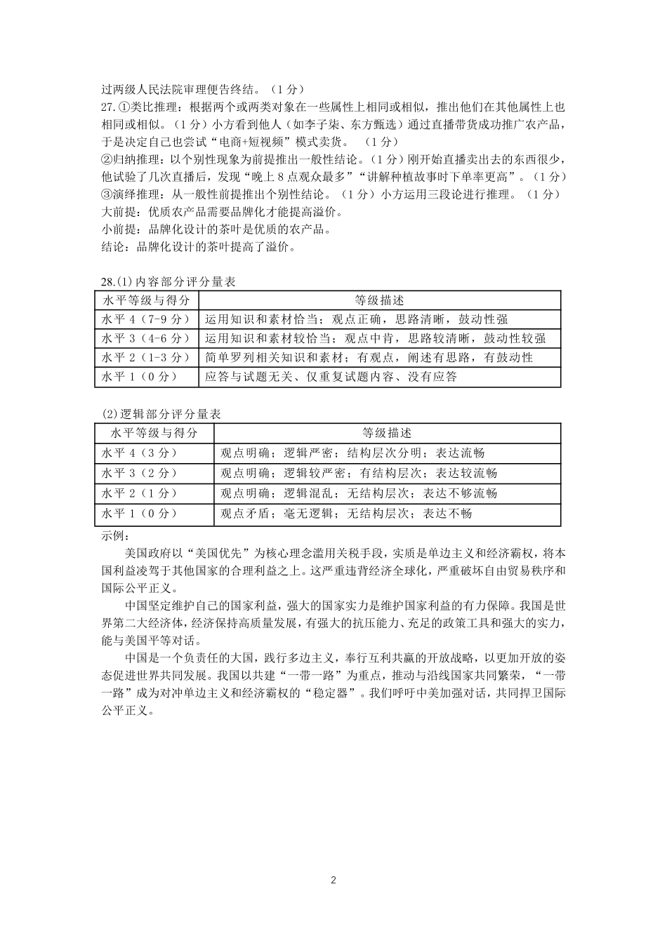 浙江省丽水市2024-2025学年高二下学期期末教学质量监控政治答案｜2506丽水高二期末.pdf_第2页