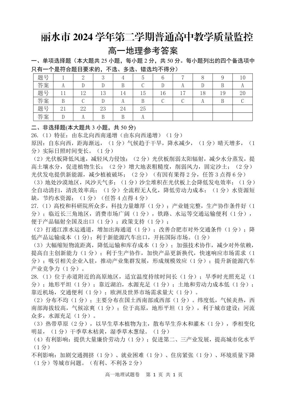 浙江省丽水市2024-2025学年高一下学期期末教学质量监控地理答案｜2506丽水高一期末.pdf_第1页
