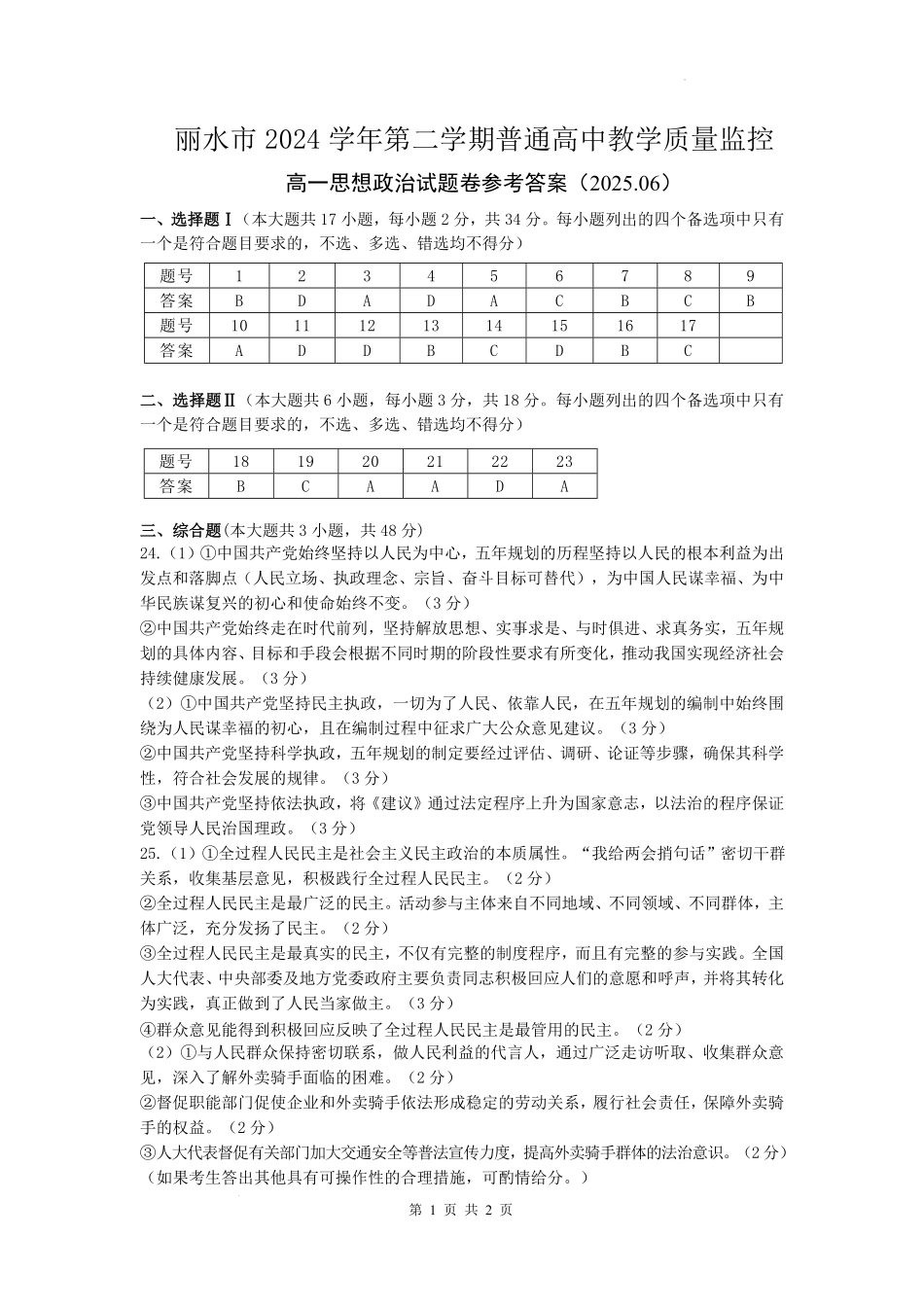 浙江省丽水市2024-2025学年高一下学期期末教学质量监控政治答案｜2506丽水高一期末.pdf_第1页
