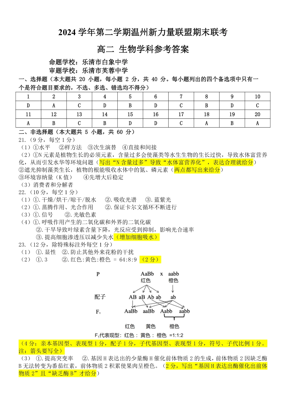 浙江省温州市新力量2024-2025学年高二下学期6月期末生物答案｜2506新力量联盟期末联考.pdf_第1页