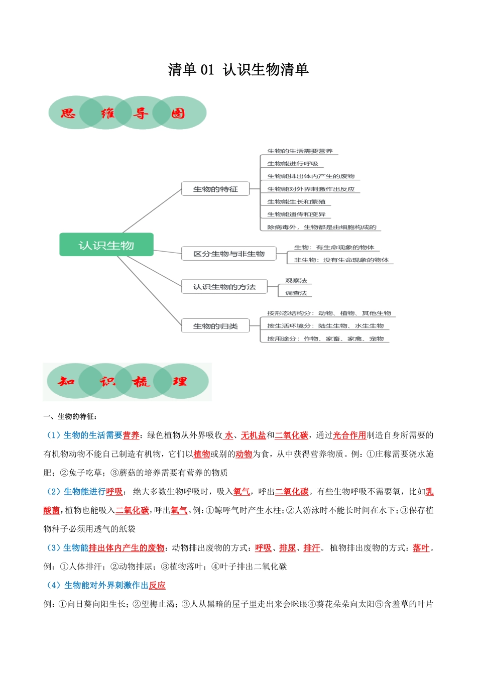 清单01+认识生物（知识清单七年级生物上册期末考点大串讲（人教版含答案.pdf_第1页