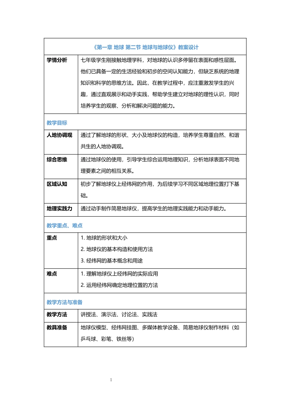 地理人教版2024版七年级初一上册1.2地球与地球仪教案03.docx_第1页