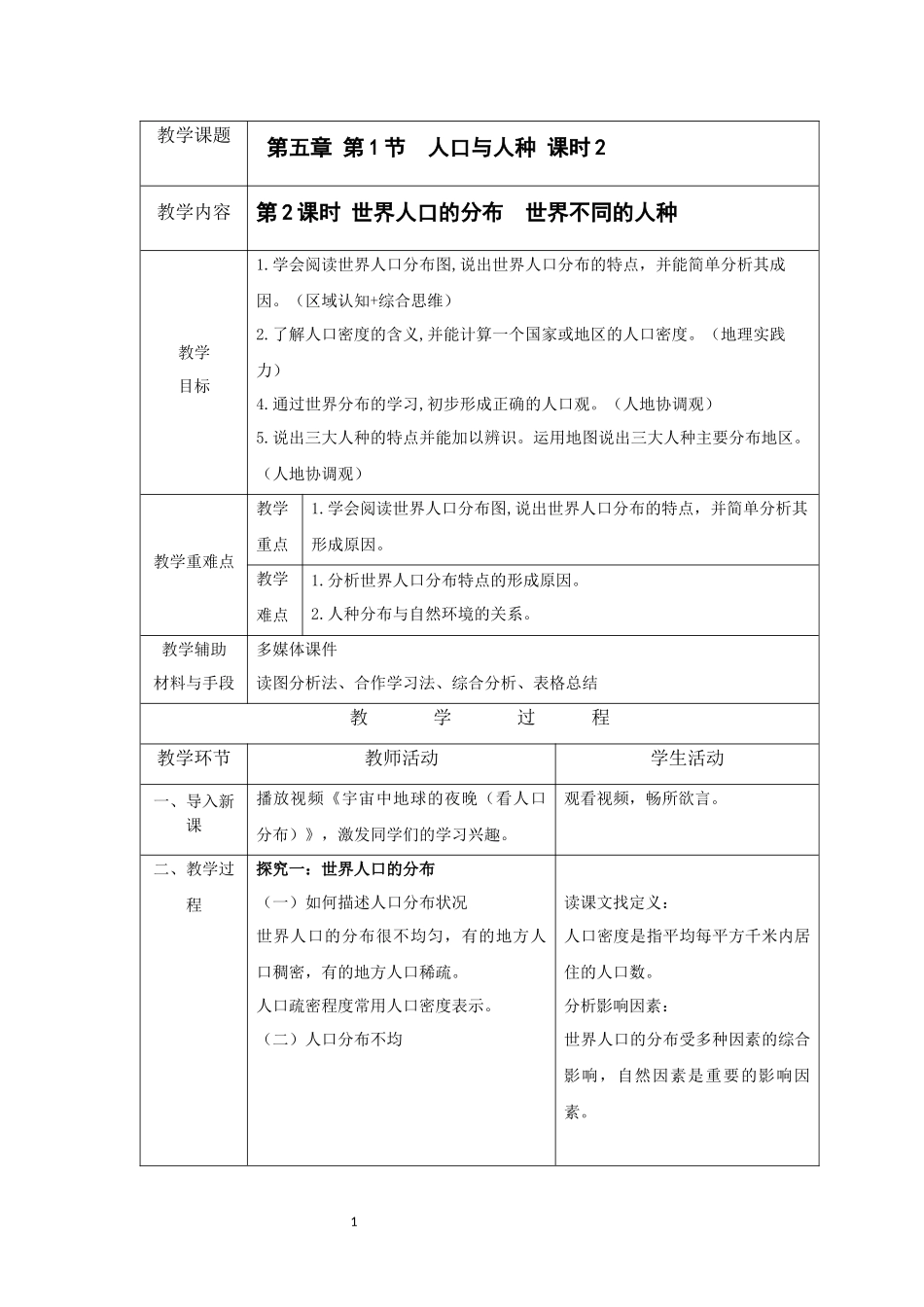 地理人教版2024版七年级初一上册5.1人口与人种教学教案教学设计02.docx_第1页