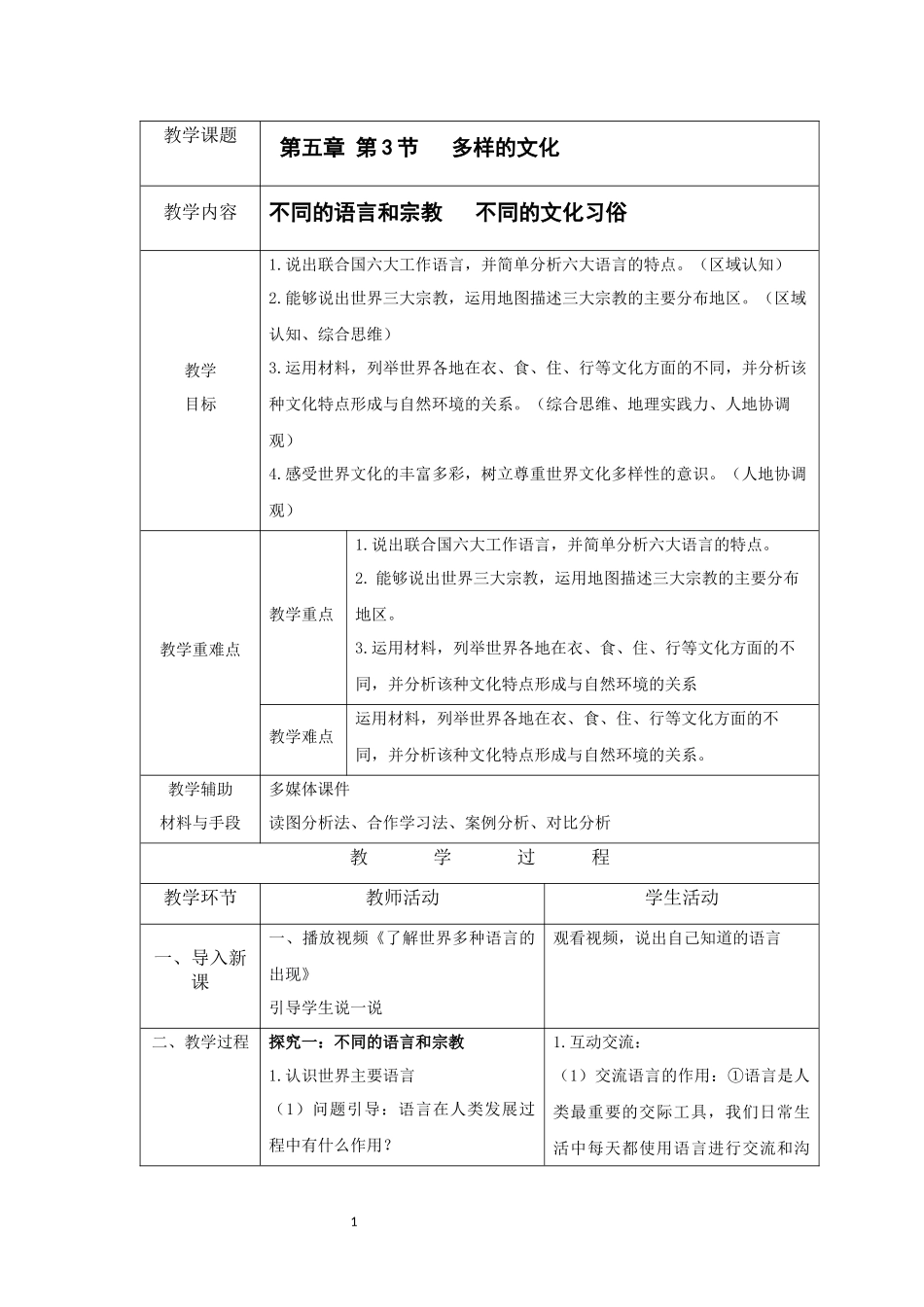 地理人教版2024版七年级初一上册5.3多样的文化教学教案教学设计01.docx_第1页