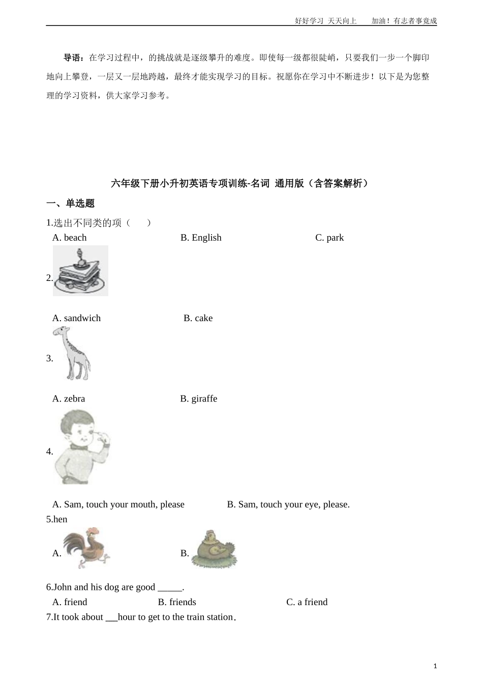 六年级下册英语试题-小升初英语专项训练名词版含答案解析.docx_第1页