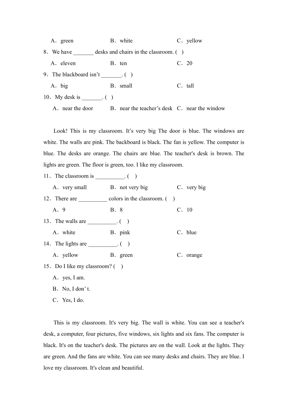 Unit1Myclassroom题型专练08阅读理解人教PEP版英语四年级上册含答案.pdf_第2页