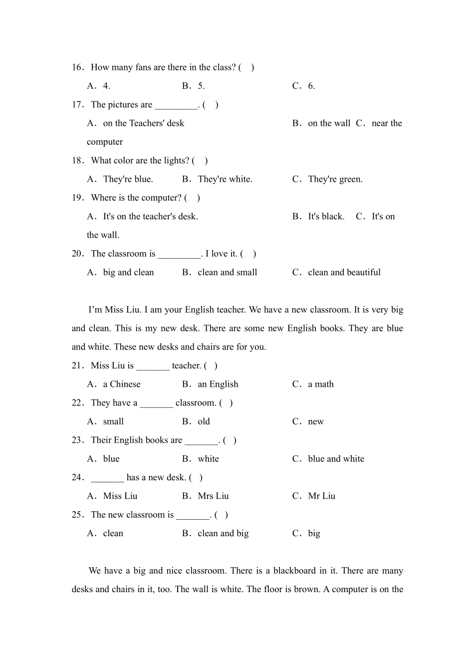 Unit1Myclassroom题型专练08阅读理解人教PEP版英语四年级上册含答案.pdf_第3页