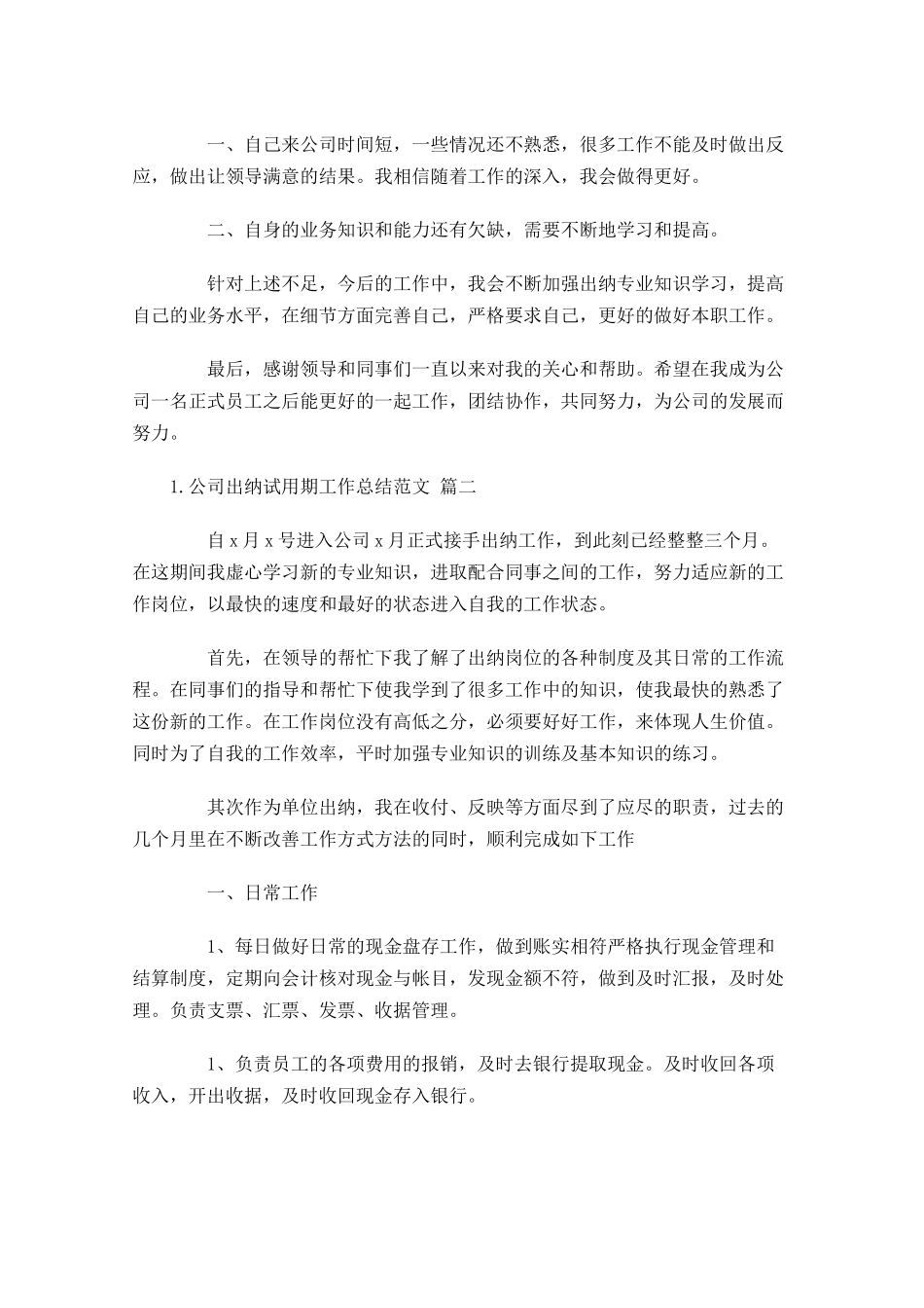 公司出纳试用期工作总结范文（精选10篇）.docx_第2页
