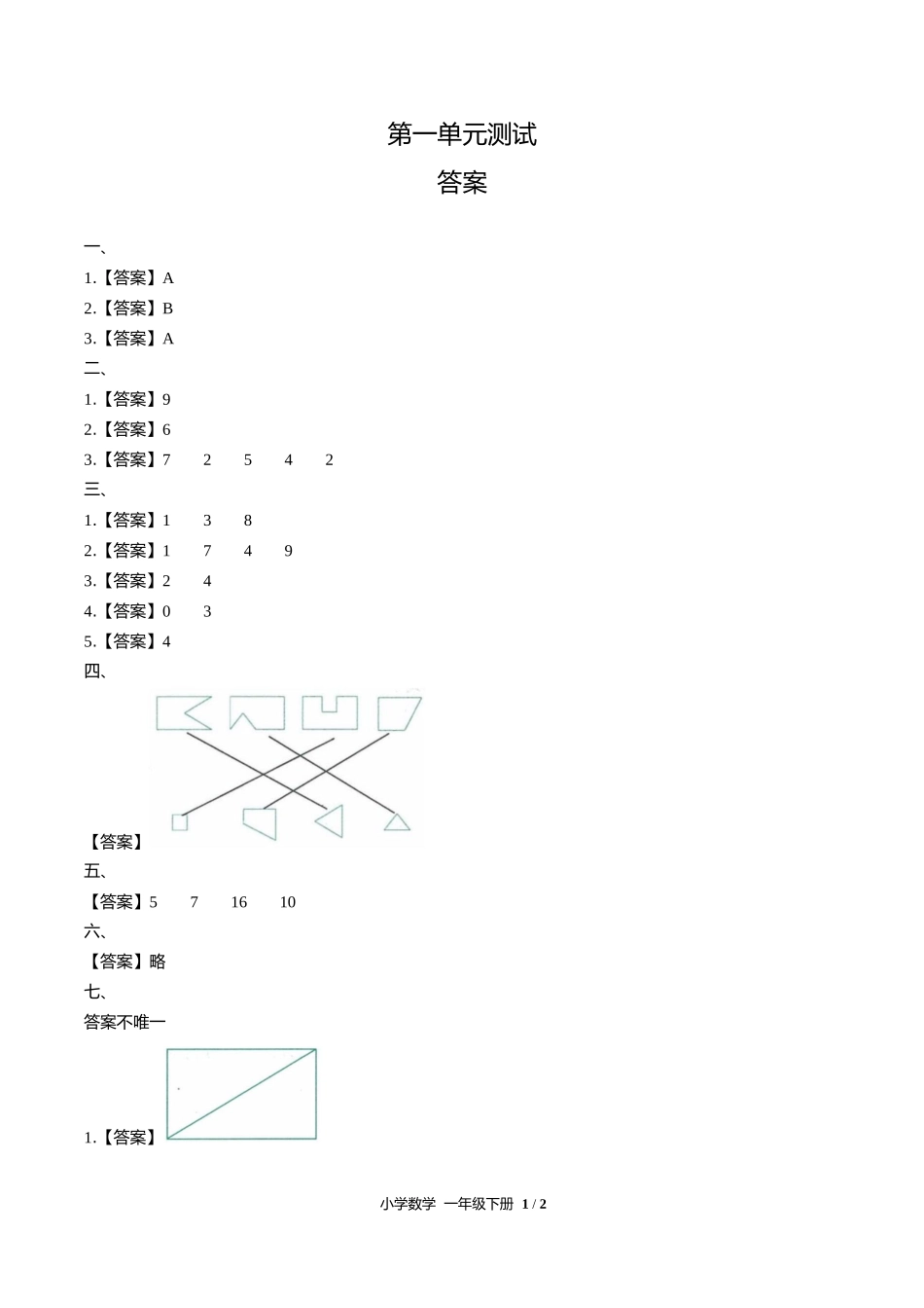 人教版小学数学一年级下册第一单元测试试卷含答案答案在前.docx_第1页