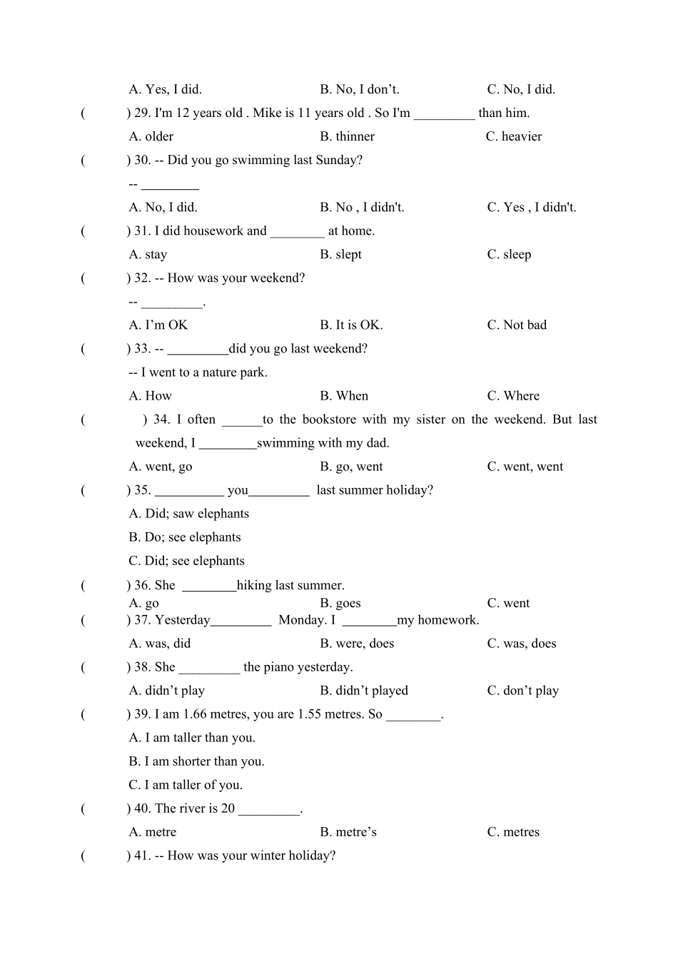 人教PEP版英语【期中易错题分类汇编】单项选择六年级下册含答案.pdf_第3页