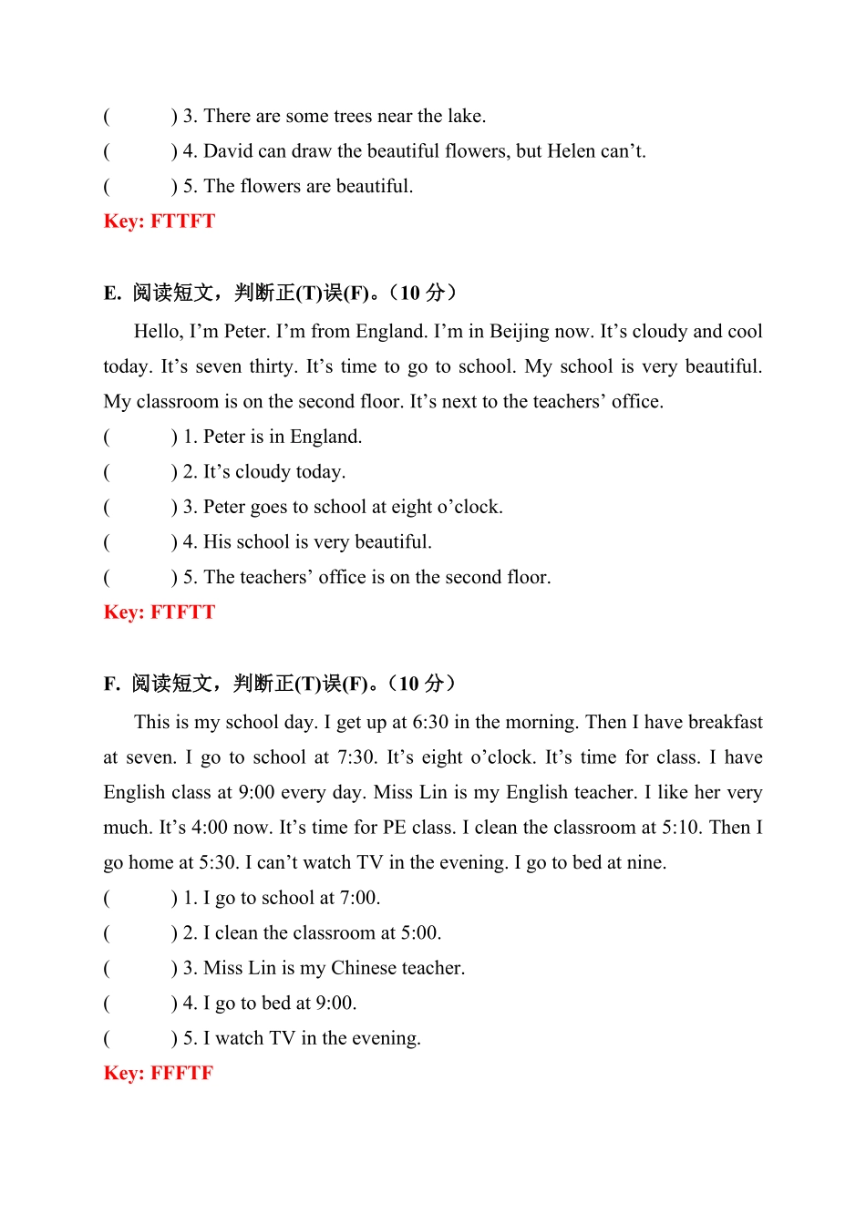 人教PEP版英语【期中易错题分类汇编】阅读理解四年级下册答案版含答案.pdf_第3页
