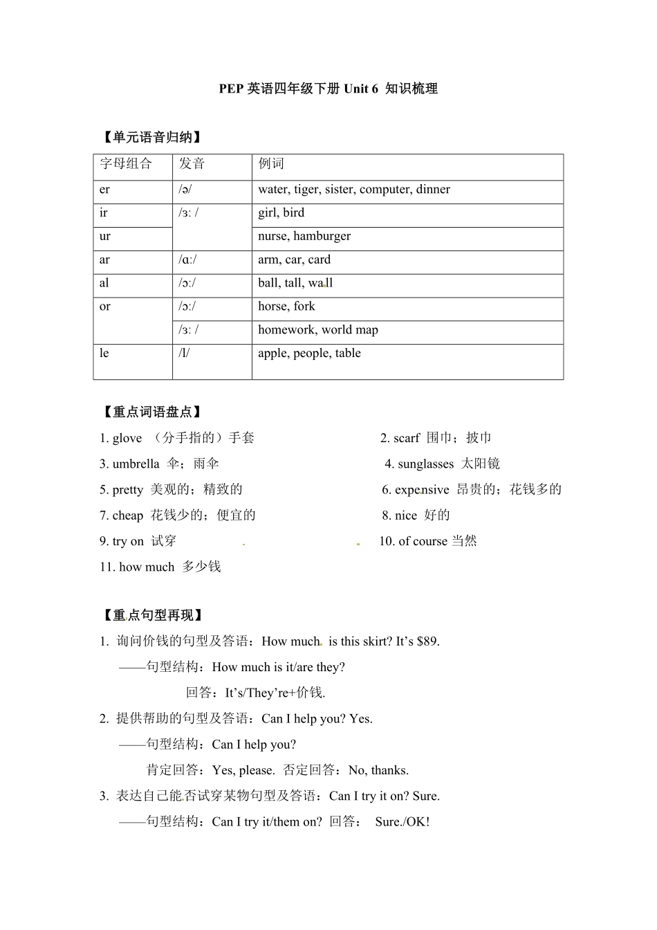 人教PEP版英语【完美】四年级下册单元知识梳理-Unit6含答案.pdf_第1页