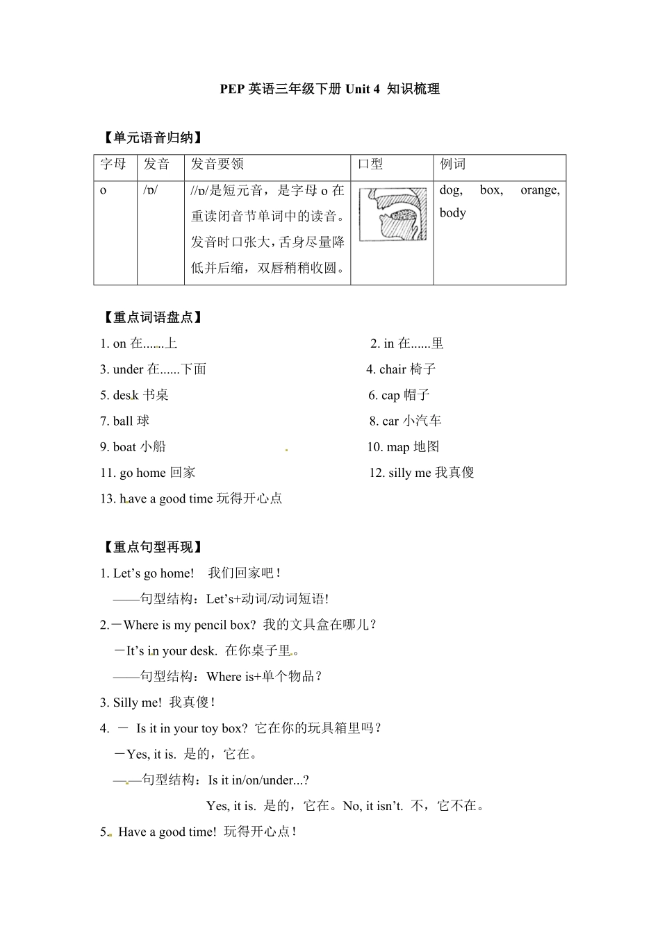 人教PEP版英语三年级下册单元知识梳理-Unit4Whereismycar含答案.pdf_第1页