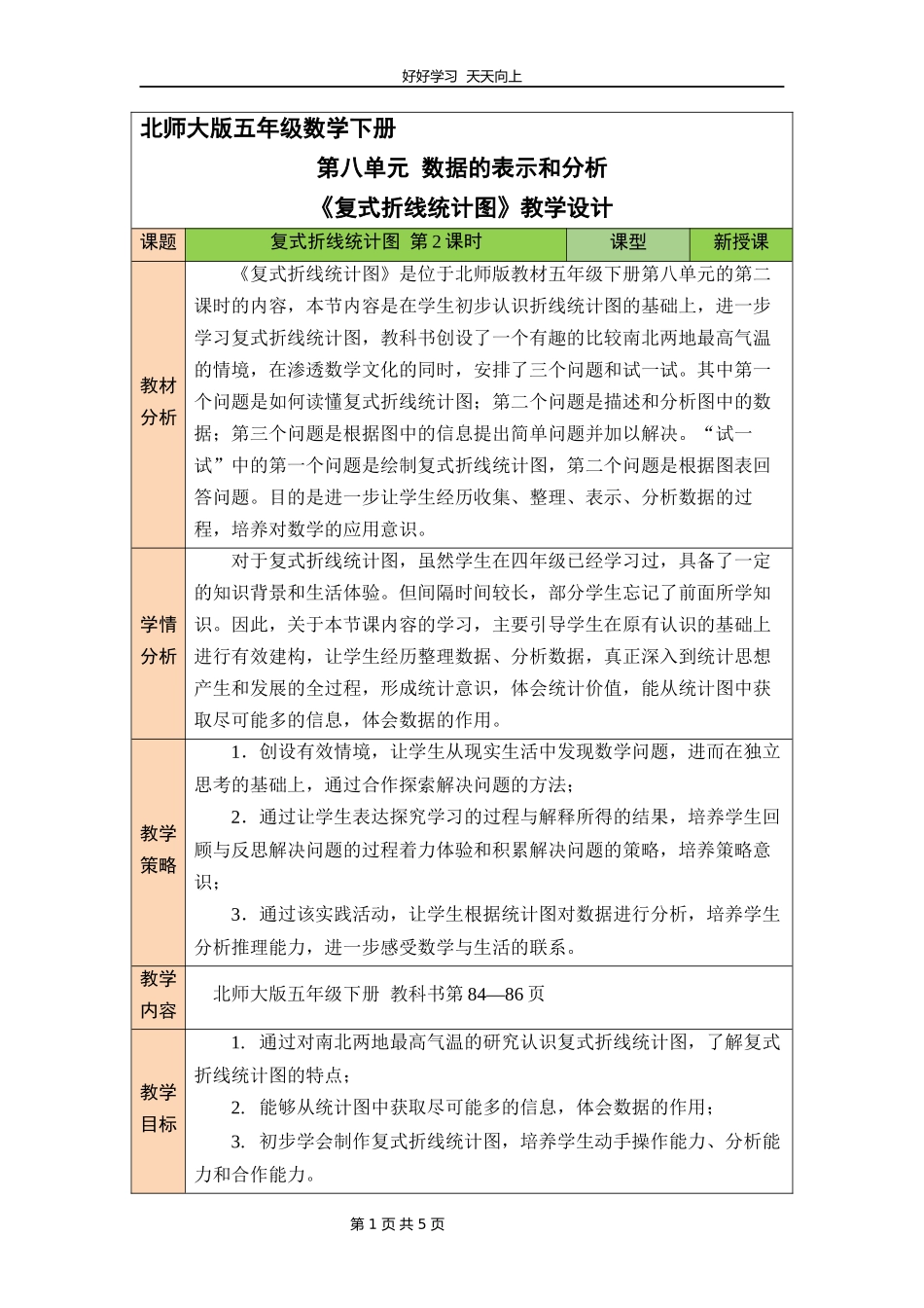 五年级数学北师大版下册第八单元《复式折线统计图》教学设计教案1.docx_第1页