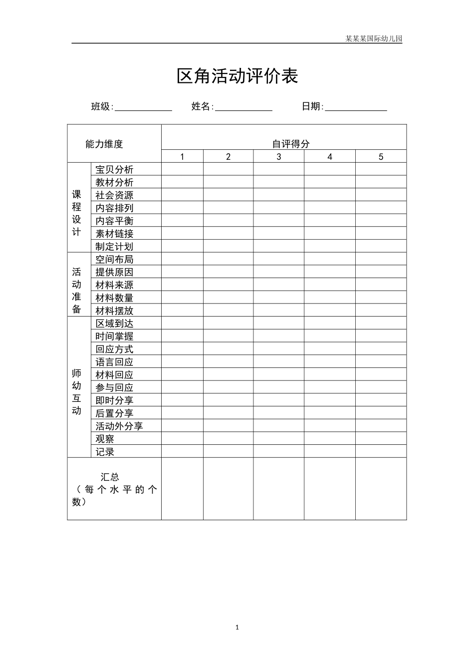 幼儿园区角活动评价表.docx_第1页