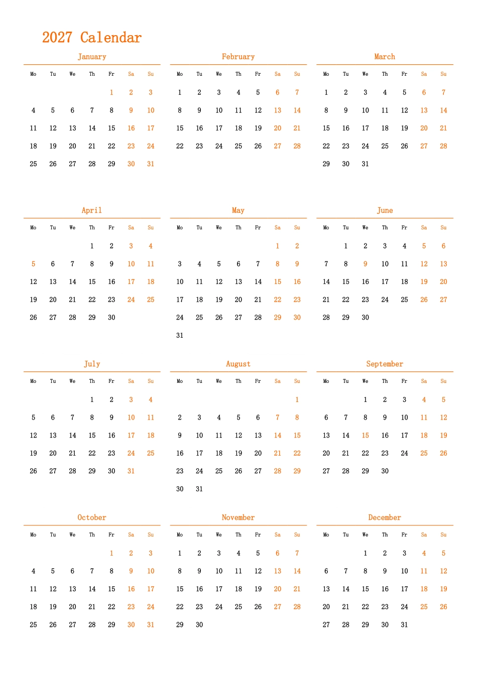 日历表2027年日历英文版纵向排版周一开始带节假日调休安排.pdf_第1页