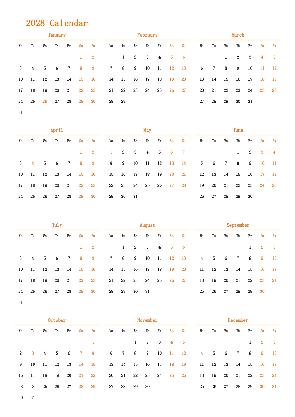 日历表2028年日历英文版纵向排版周一开始带节假日调休安排.pdf_第1页