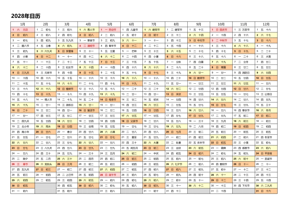 日历表2028年日历中文版带农历带节假日调休安排1.pdf_第1页