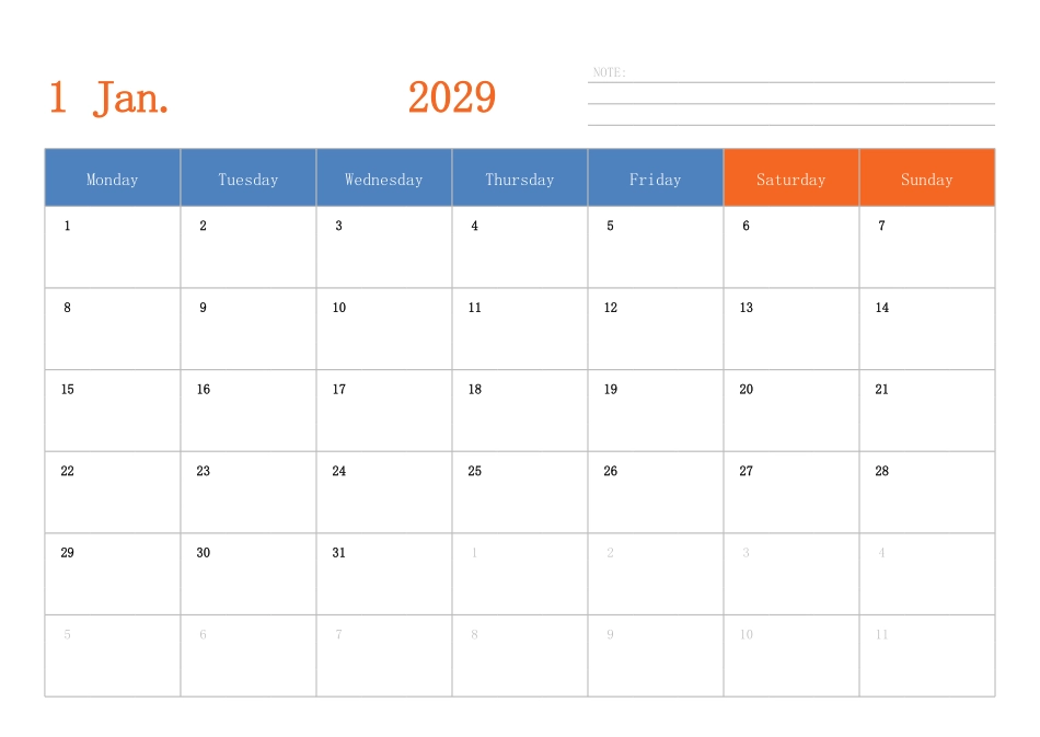 日历表2029年日历英文版横向排版周一开始.pdf_第1页