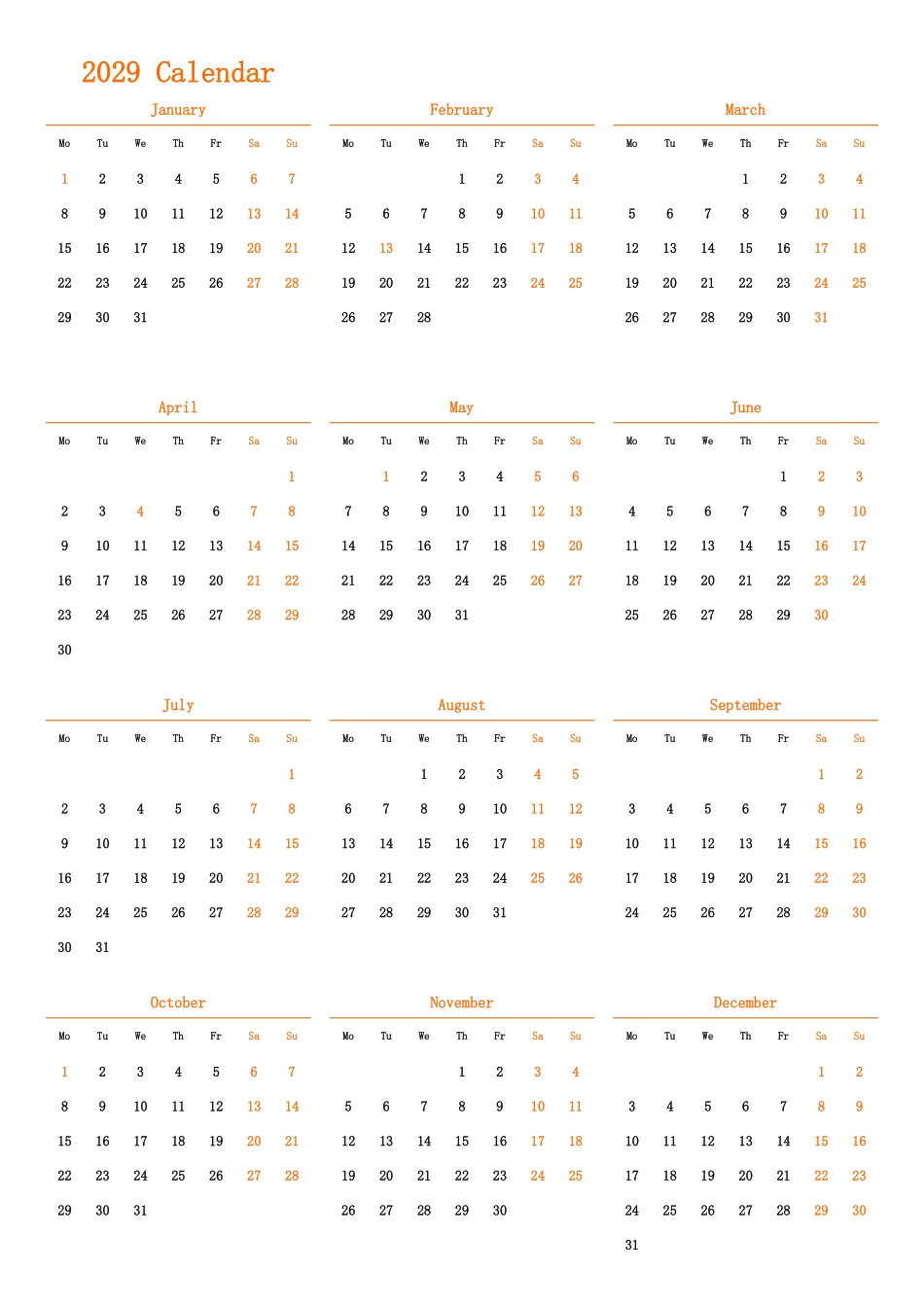日历表2029年日历英文版纵向排版周一开始带节假日调休安排.pdf_第1页