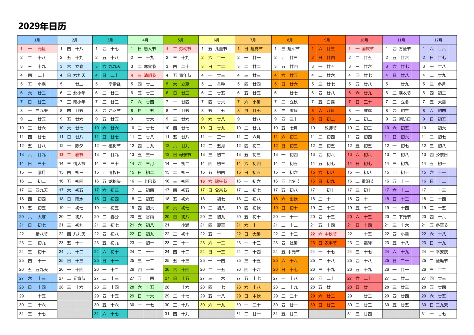 日历表2029年日历中文版带农历带节假日调休安排彩色系列1.pdf_第1页