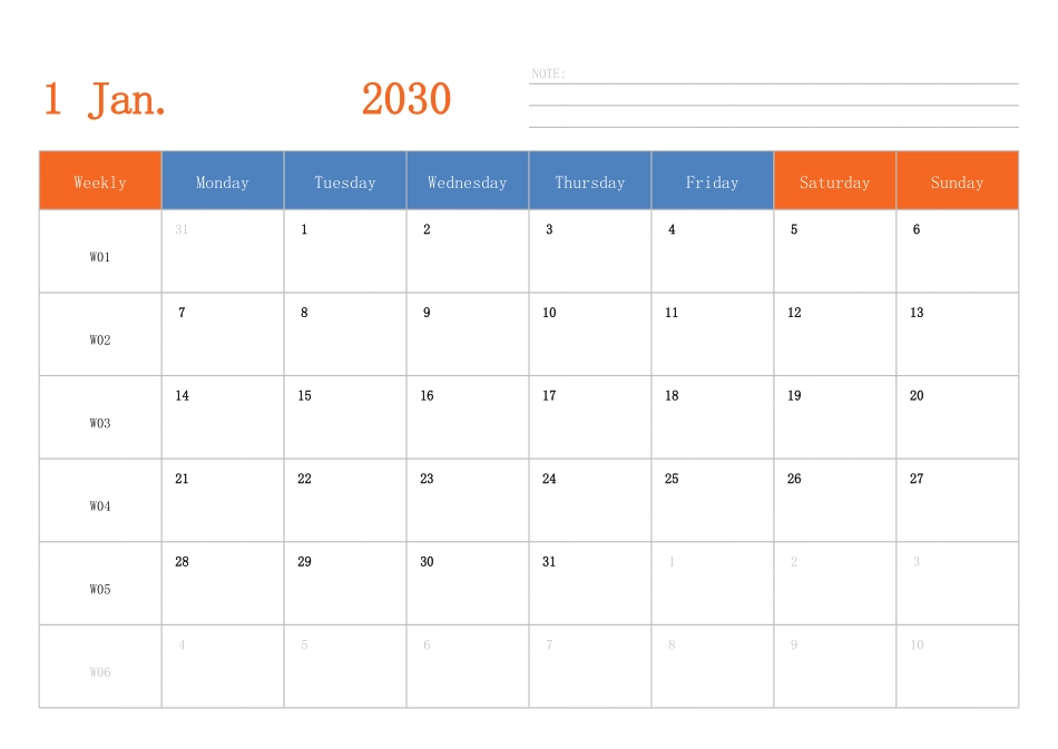 日历表2030年日历英文版横向排版周一开始带周数.pdf_第1页