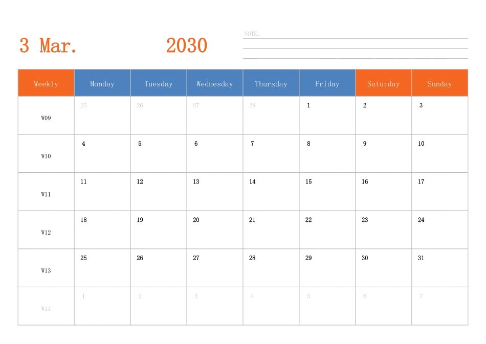 日历表2030年日历英文版横向排版周一开始带周数.pdf_第3页