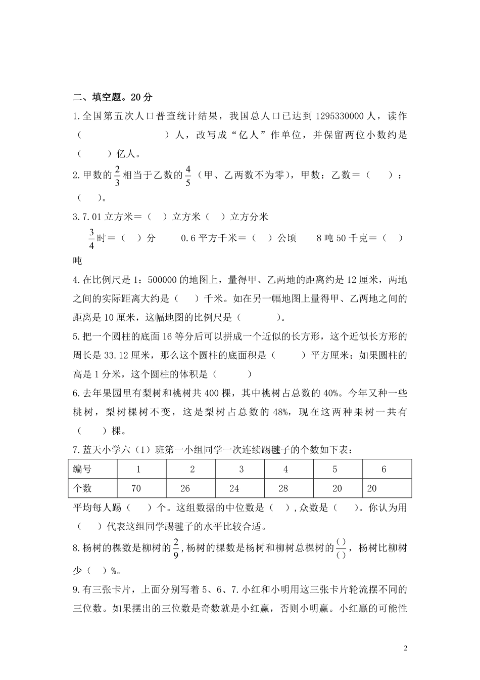 苏教版小学六年级毕业会考模拟数学试题（4）附答案.pdf_第2页