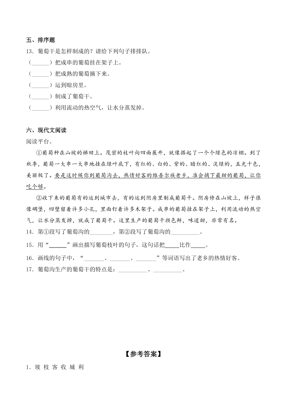 有答案-人教部编版二年级语文上册11葡萄沟同步练习人教部编版.pdf_第3页