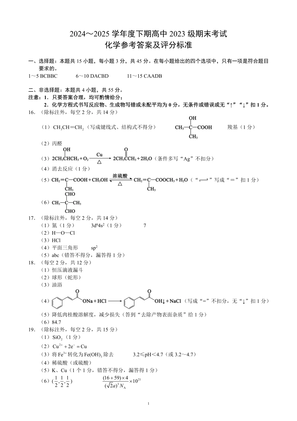2024～2025学年度下期高中2023级期末考试化学参考答案及评分标准.pdf_第1页