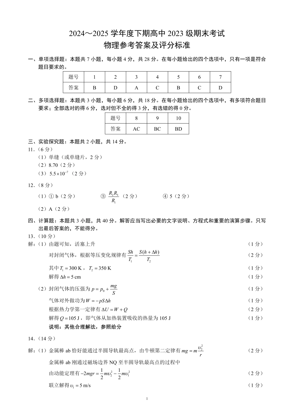2024～2025学年度下期高中2023级期末考试物理参考答案及评分标准.pdf_第1页
