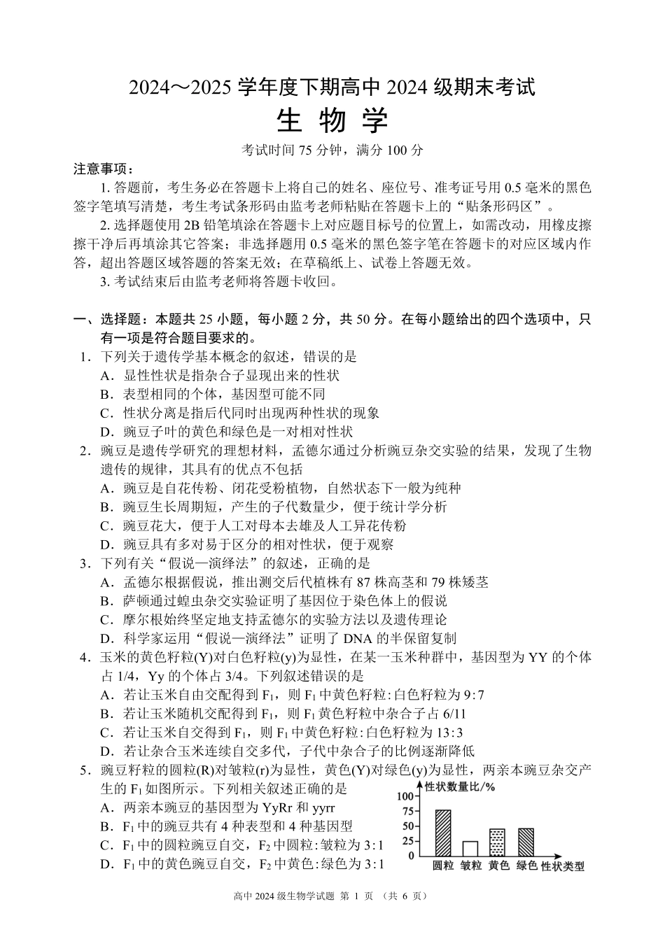 2024～2025学年度下期高中2024级期末考试生物学试题（6页）.pdf_第1页